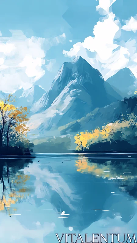 Serene mountain lake with bright autumn trees reflected.