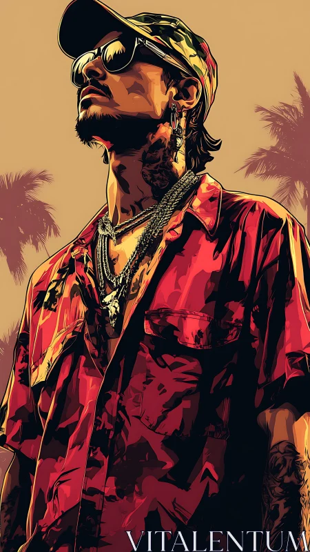 Streetwear portrait in cel-shaded vector style under palm sky