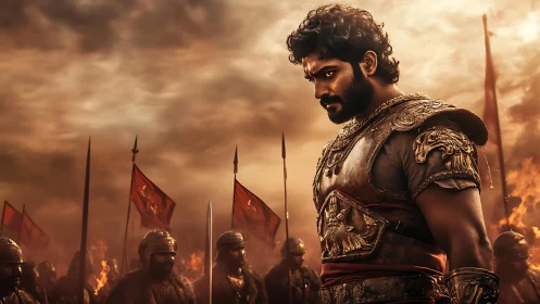 Warrior in ornate armor stands before assembled soldiers