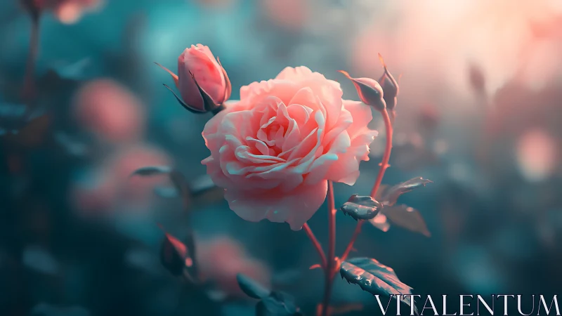 Coral-toned garden rose with turgid buds rendered in depth-of-field cinematography.