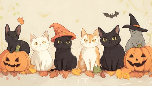 Halloween Cats with Pumpkins and Autumn Leaves