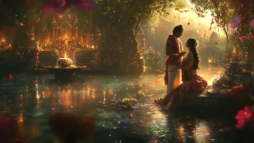 Enchanted riverside lovers before luminous temple shrine.