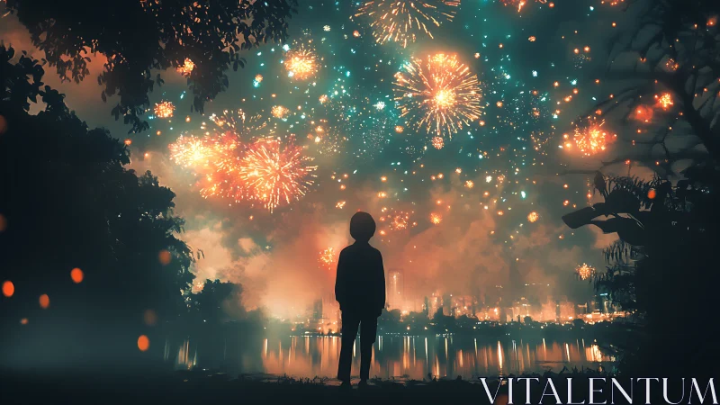 Silhouetted child gazes at dazzling city fireworks sky