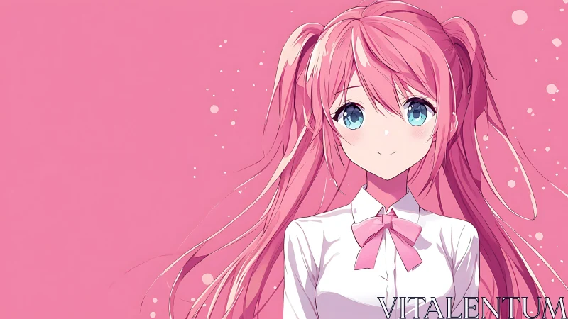 Sweet pink haired anime girl with bright, gentle blue eyes.
