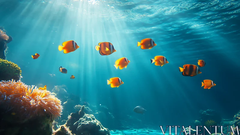 Orange reef fish swimming through clear sunlit water.
