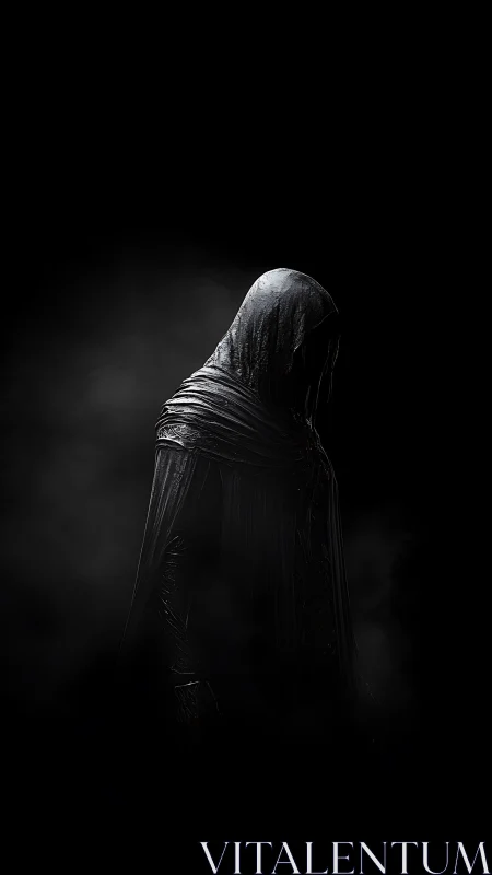Cloaked humanoid silhouette rendered in high contrast volumetric shadow