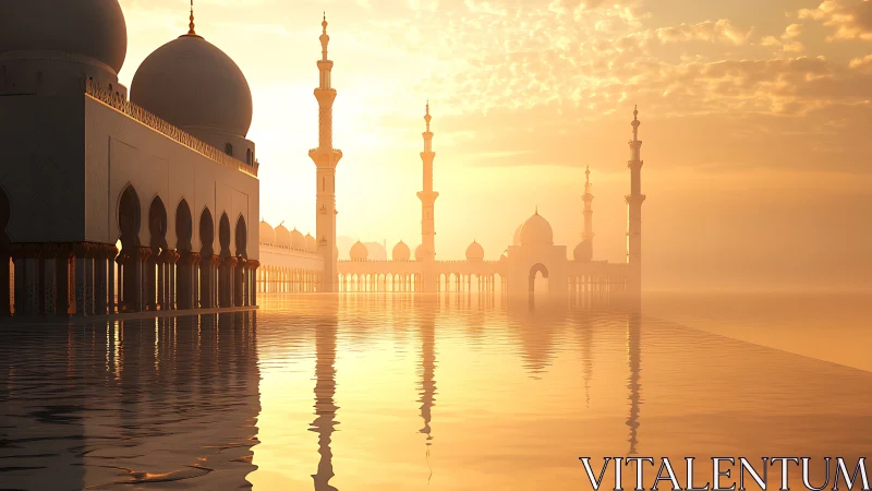 Volumetric sunrise over domed waterfront mosque architecture.