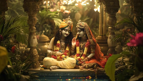 Divine Krishna and Radha share a serene floral moment together.