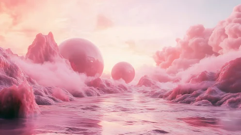 Pink alien seascape shows reflective spheres amid soft fog