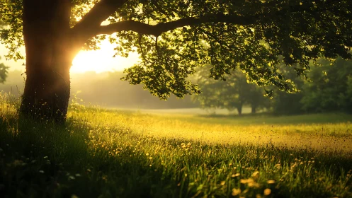 Sunlit tree and meadow in soft golden morning light.