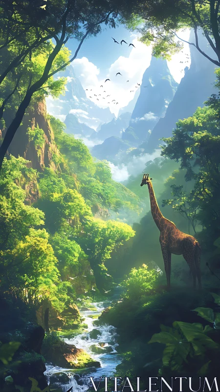 Giraffe standing in dense forest valley with river below.