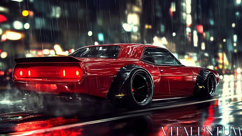 Neon rain muscle car prowling a slick midnight city grid.