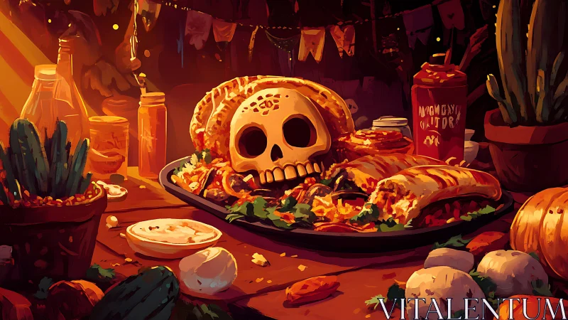 Spicy burrito feast encircles festive sugar skull centerpiece.