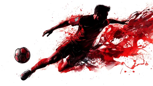 Soccer striker kicks ball through explosive red splashes.