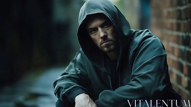 Hooded man seated in narrow urban alley at close range.