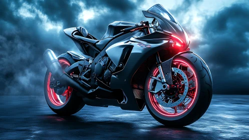 Cybernetic superbike on wet asphalt under storm-lit sky.
