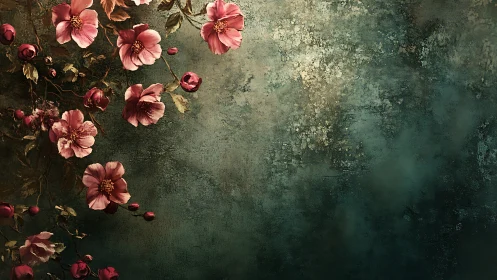 Vintage Floral Composition Against Distressed Green Surface.