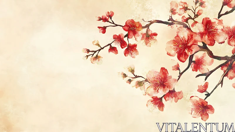 Cherry Blossoms on Branches Against Cream Background