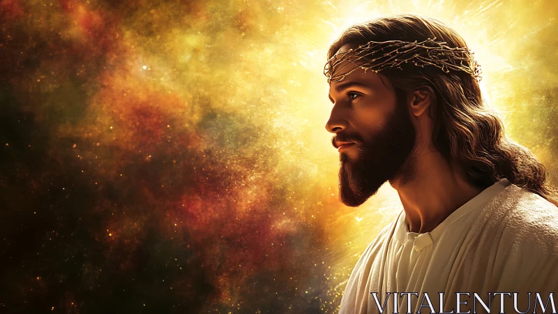 Radiant crowned figure gazes through galaxies of burning gold.