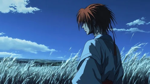 Solitary anime wanderer contemplates beneath a vast blue sky