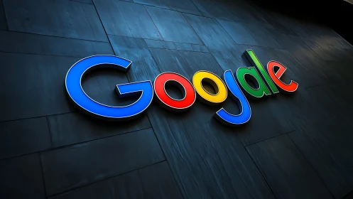 Colorful ‘Googale’ wall signage on dark modern facade.