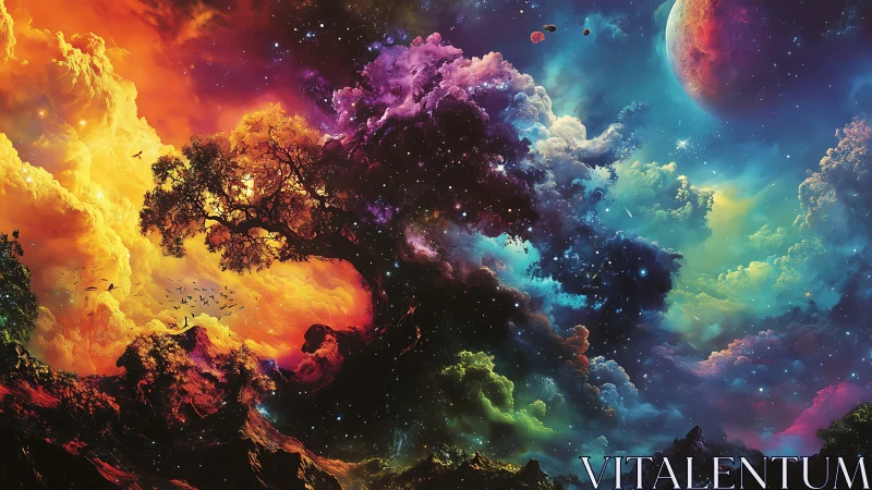 Cosmic nebula sky meets fiery dreamlike landscape in harmony.