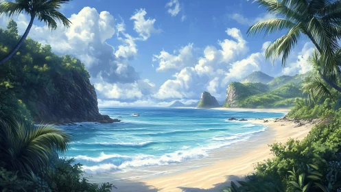 Tropical Coastline with Palm-Framed Beach Cove and Volcanic Island.