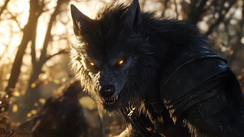 Ferocious armored werewolf under blazing forest backlight.