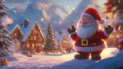 Santa Claus standing in snowy, decorated Christmas village.