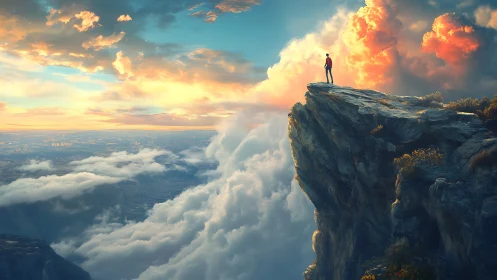 Solitary observer stands on tectonic cliff above turbulent cloud sea