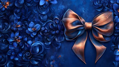 Deep Blue Ornamental Matte Finish Bow with Metallic Bronze Striping