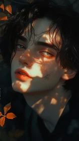 Moody portrait of young person in dappled forest light.