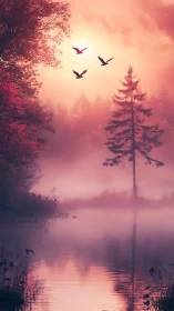 Sunlit mist surrounds trees and flying birds above still water