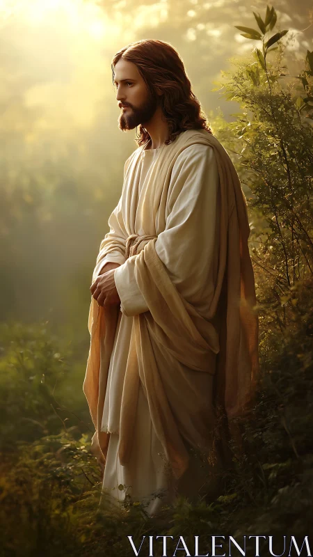 Photorealistic sacred figure in sunlit woodland environment.