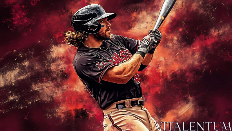 Baseball batter preparing swing against abstract red background.