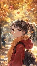 Soft autumn sunlight crowns a scarfed wanderer in gold