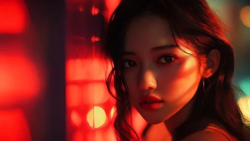 Moody digital portrait in red neon side lighting.