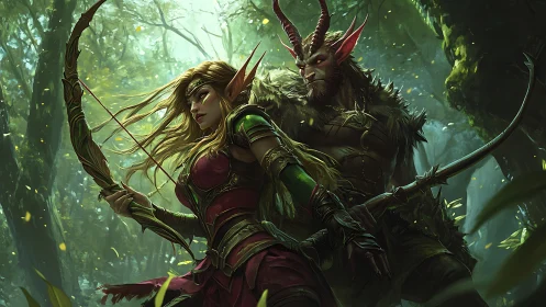 Elven archer and horned faun warrior scouting dense forest