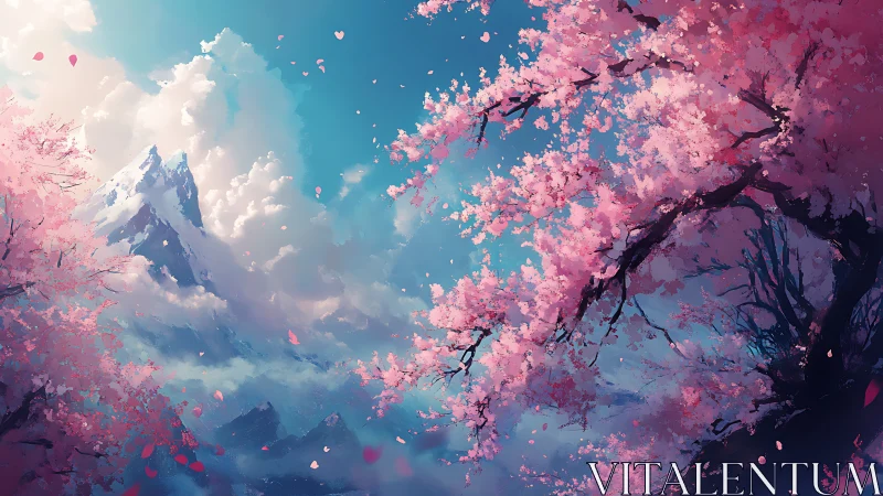 Cherry blossoms framing distant snow mountain landscape.