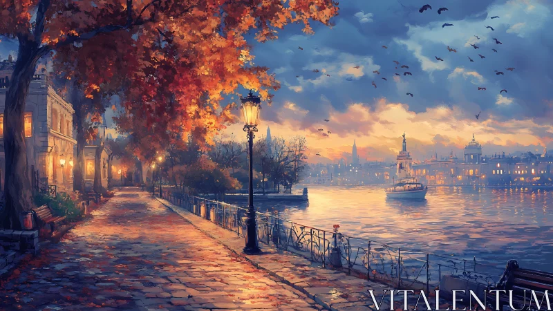 Autumn riverside promenade under glowing sunset sky.