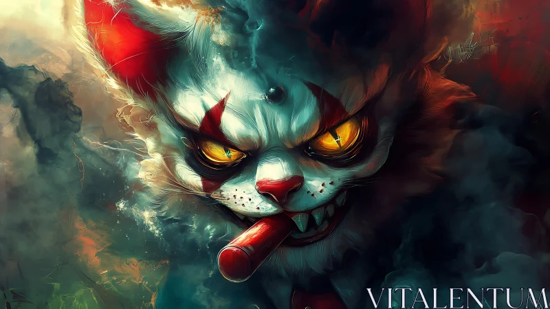 Clown-masked demonic cat glares forward with glowing eyes