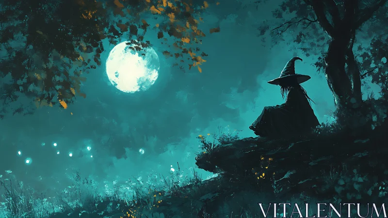 Lunar-lit witch silhouette on elevated forest outcrop at dusk.