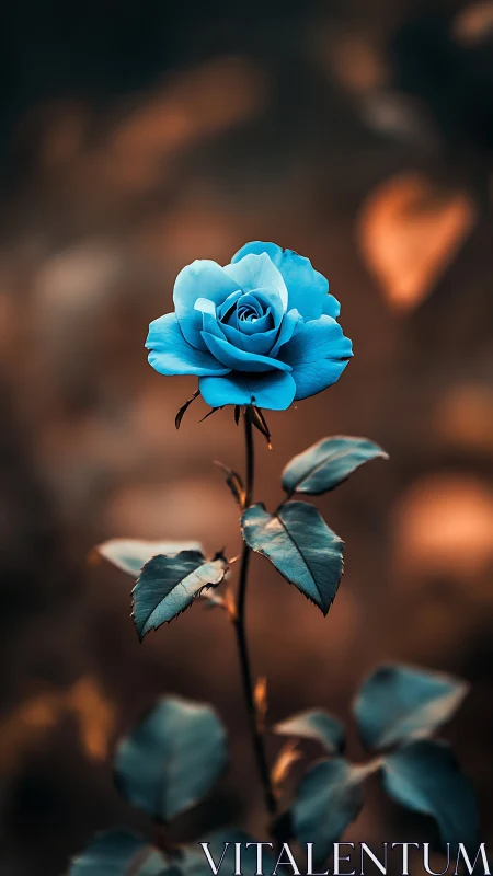 Blue rose glows softly against warm blurred garden bokeh.