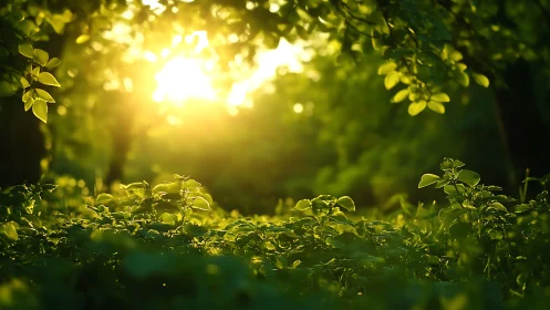 Sunlit Forest Floor with Lush Greenery in Soft Focus Style.