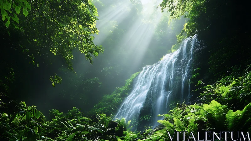 Sunlit Cascades Through Emerald Forest Canopy.
