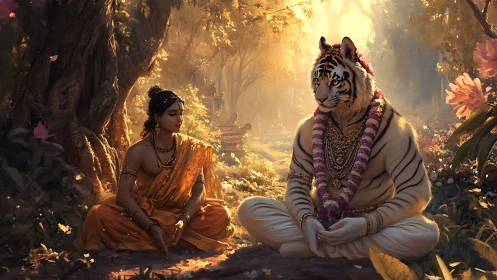 Tiger-headed sage and woman in sunlit forest meditation.