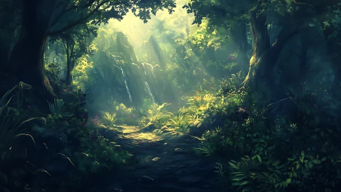 Luminous Forest Sanctuary: Ancient Rocks and Verdant Canopy.