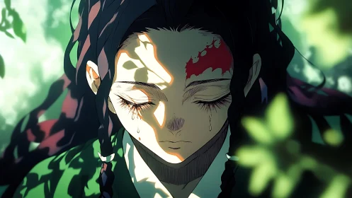 Wounded anime warrior bows in quiet, tearful forest light