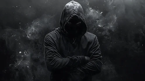Hooded cyber-noir silhouette stands amid particulate smoke field