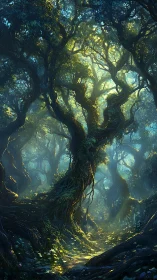 Ancient Forest Giant Bathed in Ethereal Golden Light.